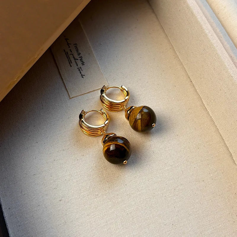 Geometric tigereye earrings with gold plating in black and brown colour options