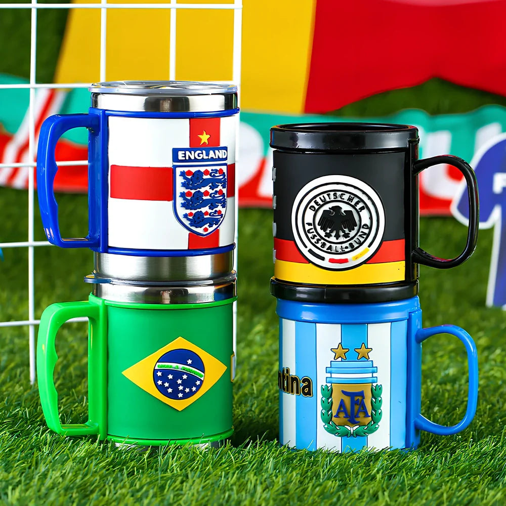 World Cup football mug with 7.6cm diameter and 10.5cm height in team colours