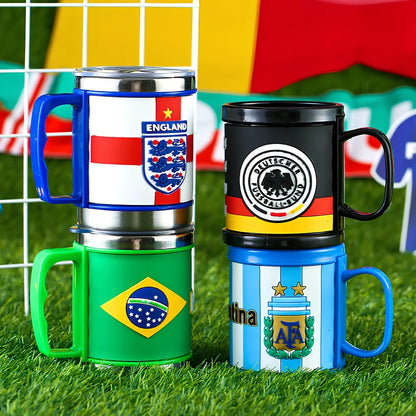 World Cup football mug with 7.6cm diameter and 10.5cm height in team colours