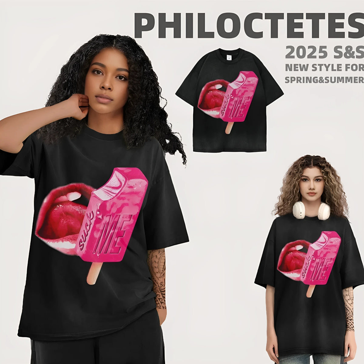 A loose-fit heavy washed cotton T-shirt with a cartoon print, shown in a selection of available colours.