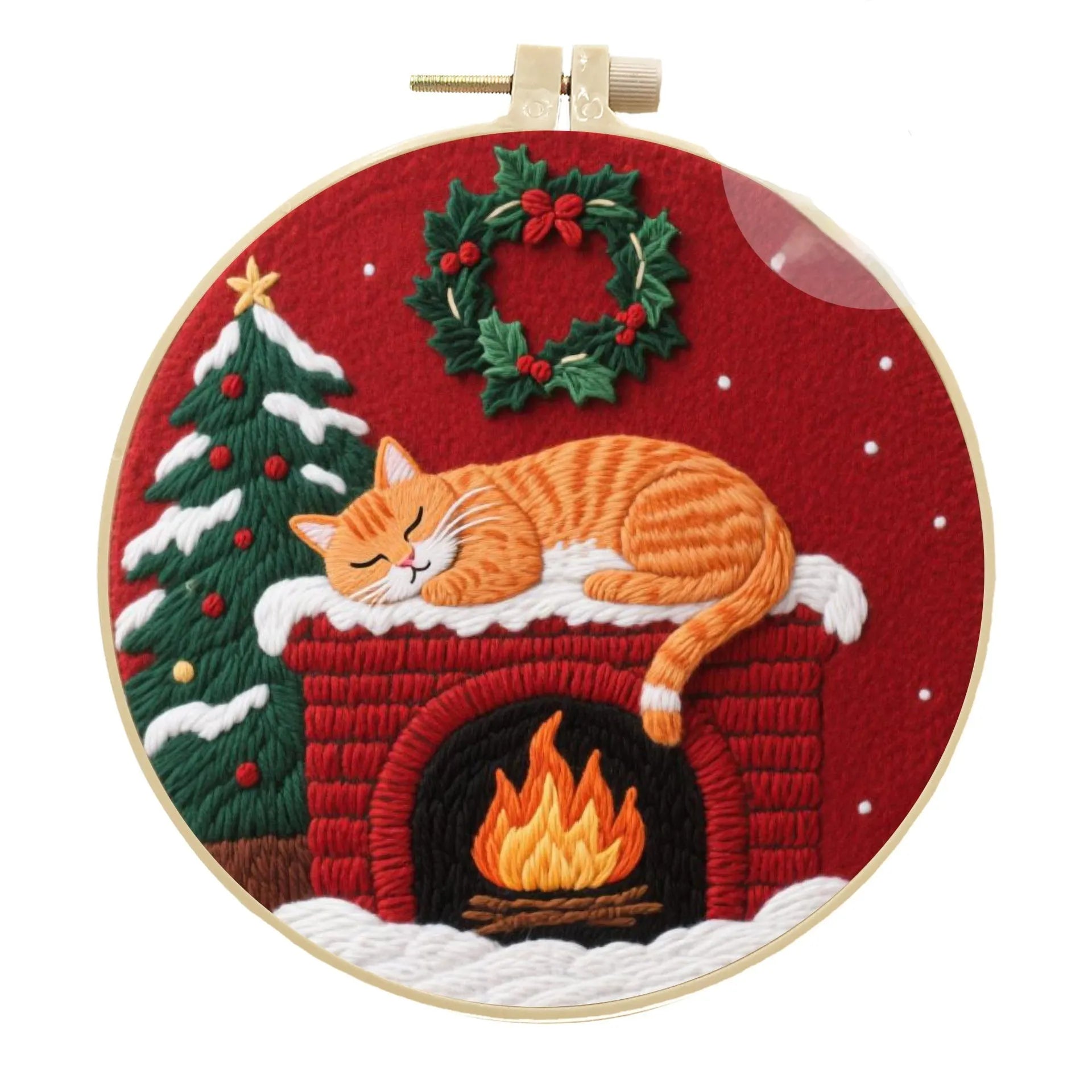 Cat embroidery DIY kit with autumn fruit design on fabric and a 20cm imitation bamboo embroidery frame