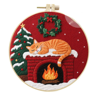 Cat embroidery DIY kit with autumn fruit design on fabric and a 20cm imitation bamboo embroidery frame