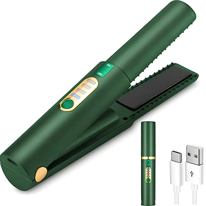Green USB travel hair iron with ceramic tourmaline plates showing temperature display and dual straightening/curling function