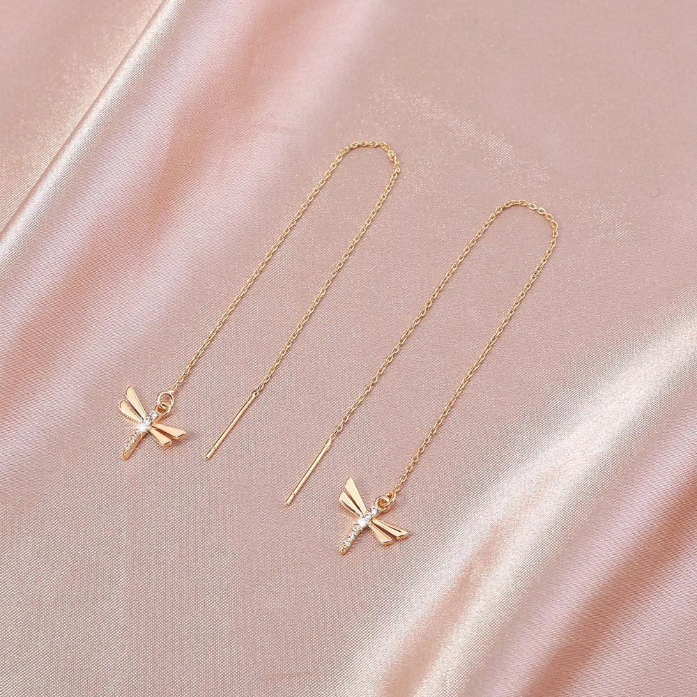Gold copper dragonfly micro-set zircon long tassel ear wire jewellery