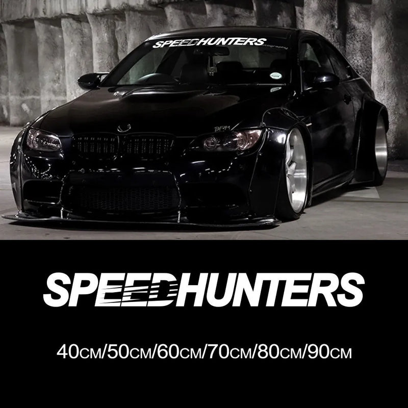 Reflective car body vinyl sticker with Speed Hunters graphic for rear gear or boot application, measuring 59cm x 10cm and available in black, white, red, grey, orange, yellow, light blue, gold, and laser colour options