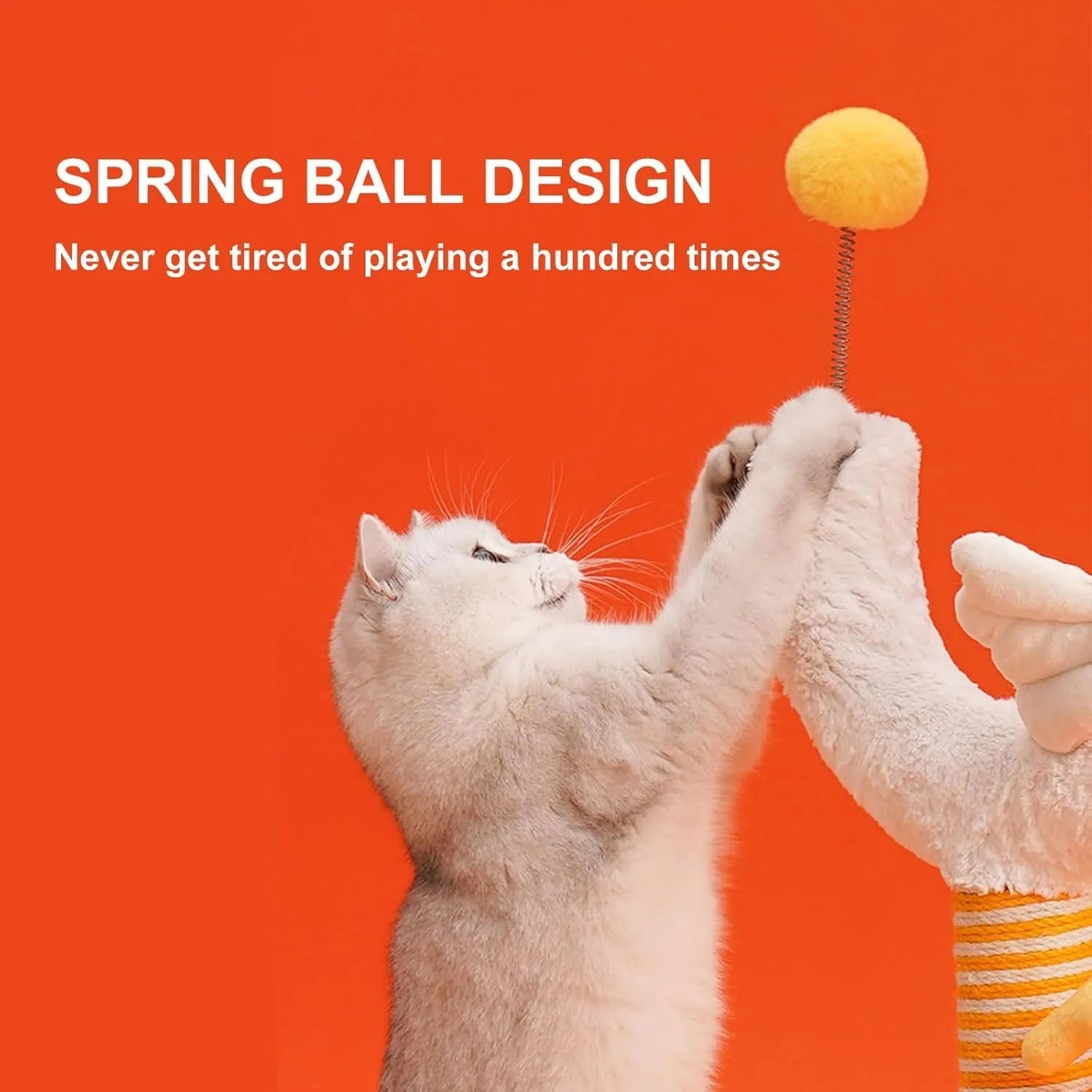 Tall vertical sisal cat scratching post with U-shaped design and spring ball entertainment feature