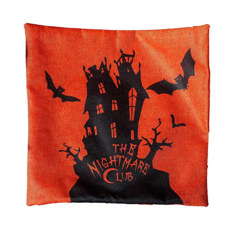 Halloween-themed square cloth pillowcase showing four design options: castle, ghost, pumpkin, and witch styles.