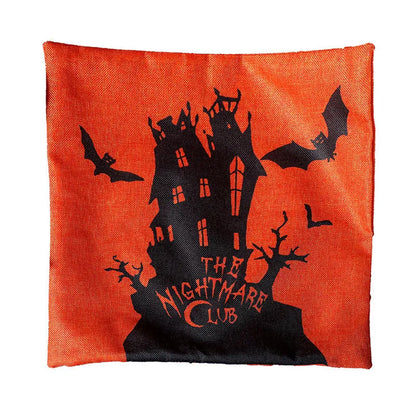 Halloween-themed square cloth pillowcase showing four design options: castle, ghost, pumpkin, and witch styles.