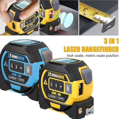 Blue and yellow laser tape measure showing laser cross projection and extended 5m steel tape