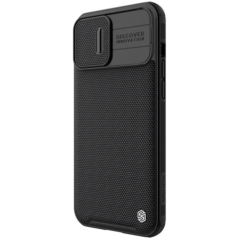 Black textured sliding protective phone case for iPhone 13 Pro Max on a table.