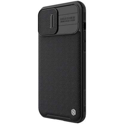 Black textured sliding protective phone case for iPhone 13 Pro Max on a table.