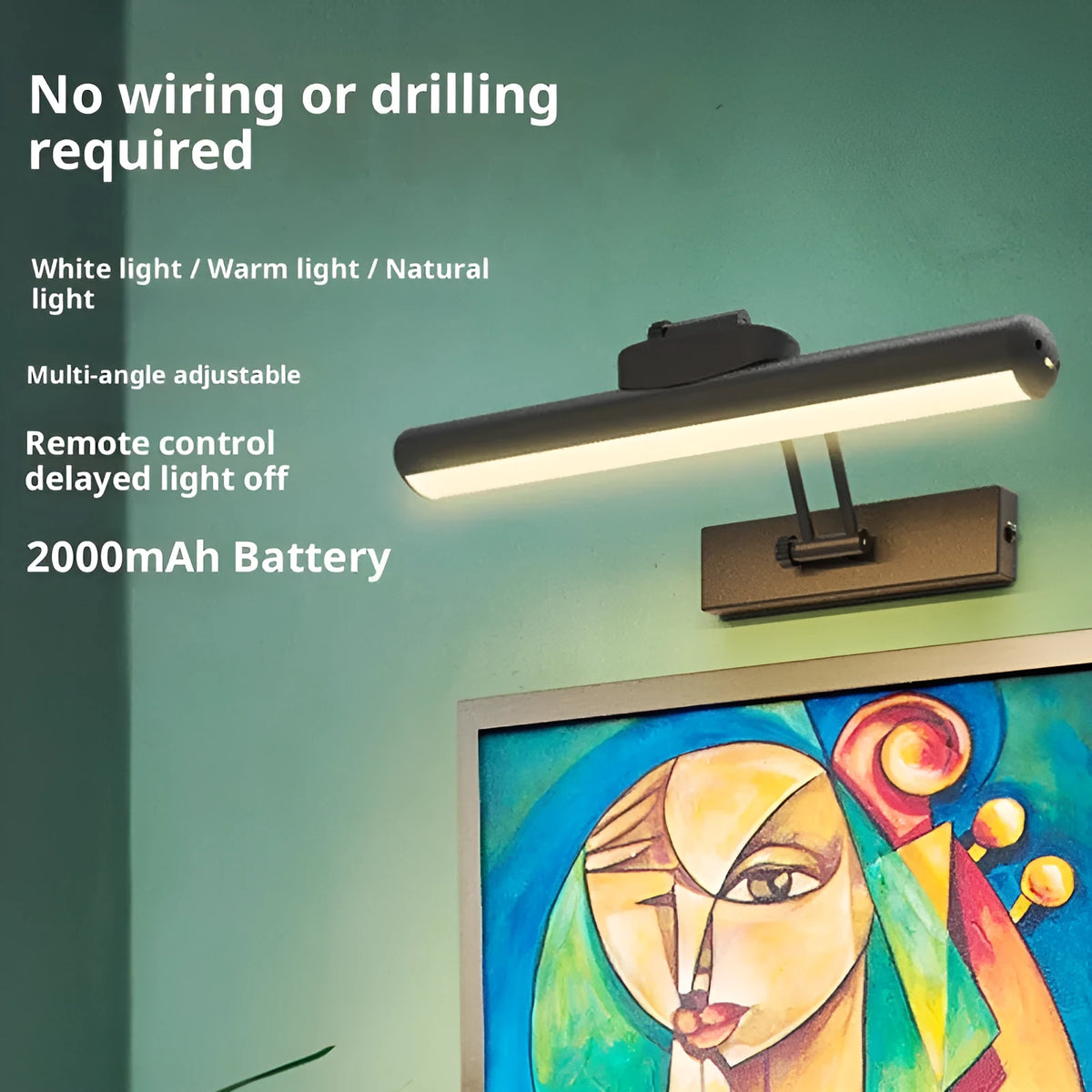 LED punch-free mirror light with remote control for living room and dressing table, 2000mAh or 4000mAh, white warm natural light