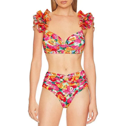 Women's floral push-up bikini set with high-waist briefs and split side design