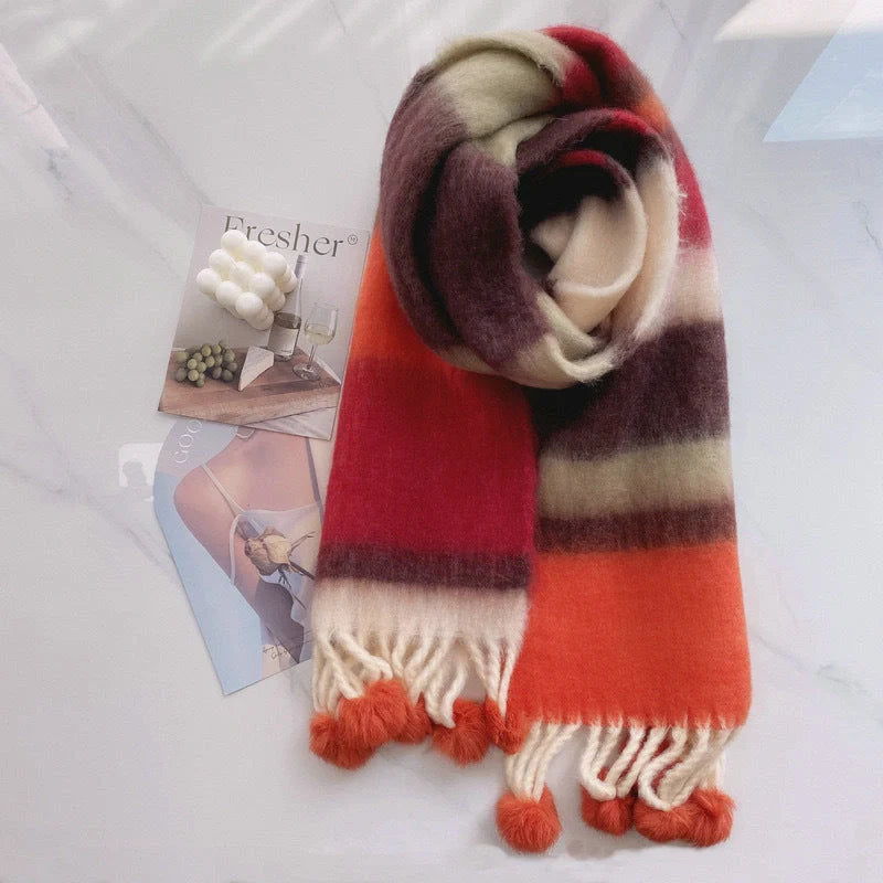 Vibrant Rainbow Mohair Tassel Scarf in various colors, perfect for winter fashion