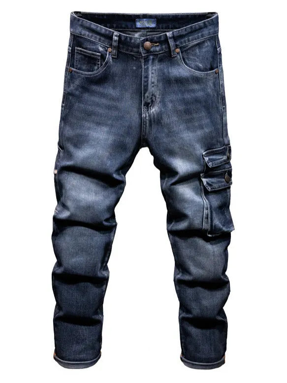 Men's high-waisted loose denim trousers with multiple pockets showing straight leg opening