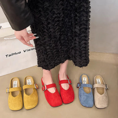 Women's closed toe flat slippers in apricot colour with square toe shape and rubber sole