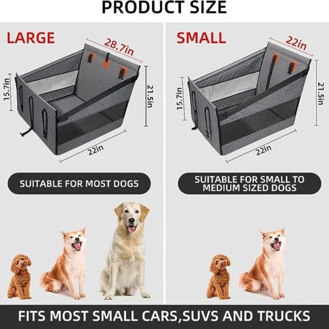 Grey water resistant rectangular dog bed with raised sides on a car back seat.