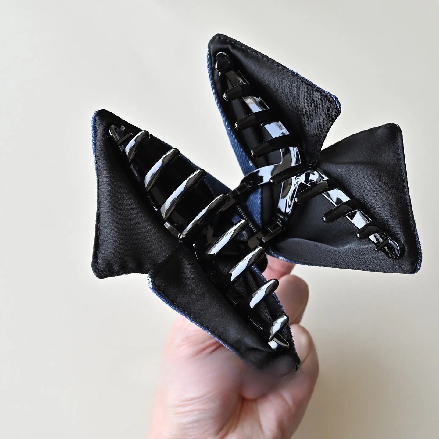 Korean style embroidered denim barrette shark clip in dark blue and smalt colours for women's updos.