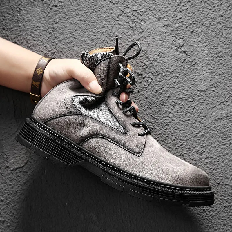 Men's vintage-style Martin boots in black with round toe, low thick heel, and frosted microfiber leather upper.