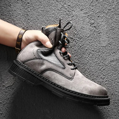 Men's vintage-style Martin boots in black with round toe, low thick heel, and frosted microfiber leather upper.
