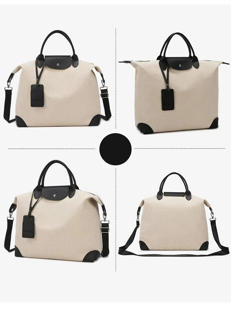Large capacity canvas yoga and fitness bag in brown, khaki, or black with polyester lining and shoulder strap.