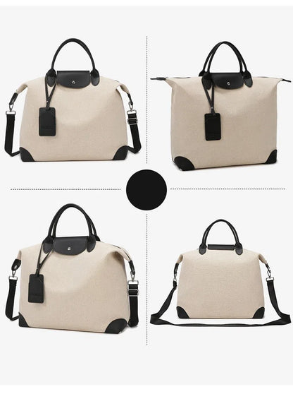 Large capacity canvas yoga and fitness bag in brown, khaki, or black with polyester lining and shoulder strap.