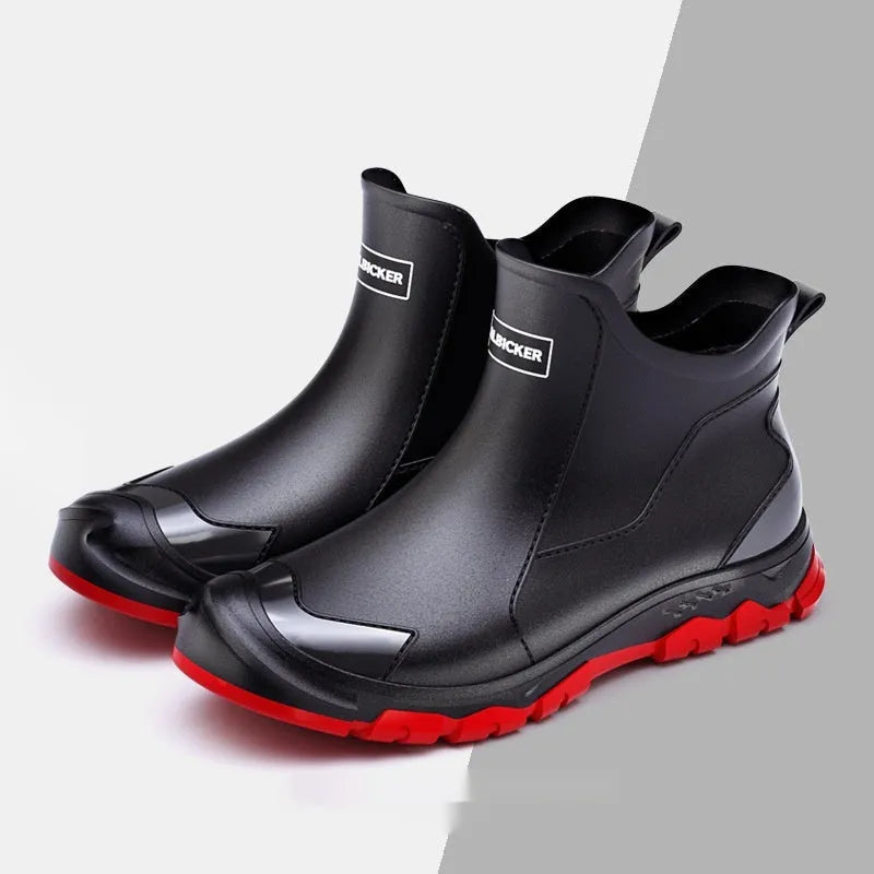 Men's short PVC rubber boots in beige, black, and black-red colours with a non-slip flat sole.