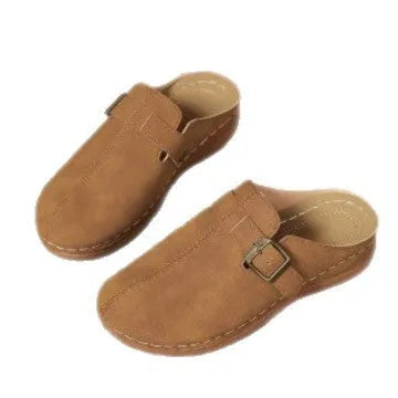 Women's casual wedge slippers in cloth with a rubber sole, shown in light brown colour.