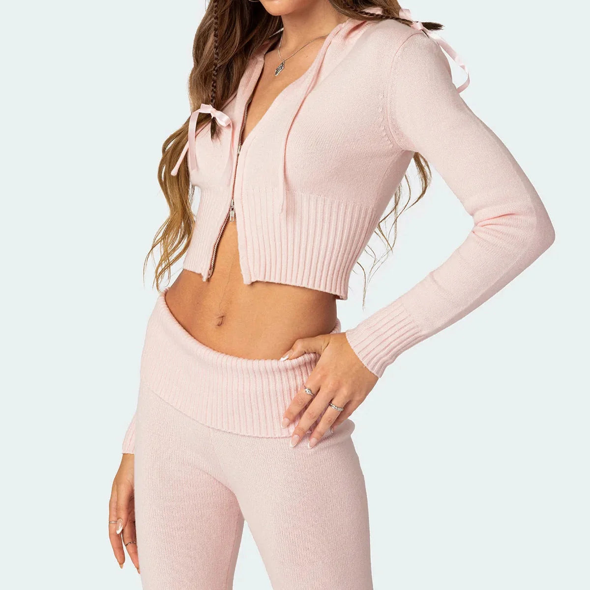 Women's stylish knitted hooded suit with flared pants in various colors
