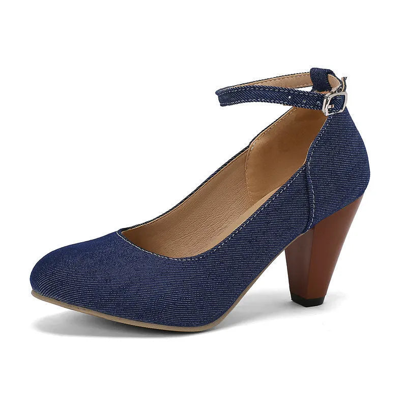 Women's blue denim platform heels with buckle closure and waterproof sole