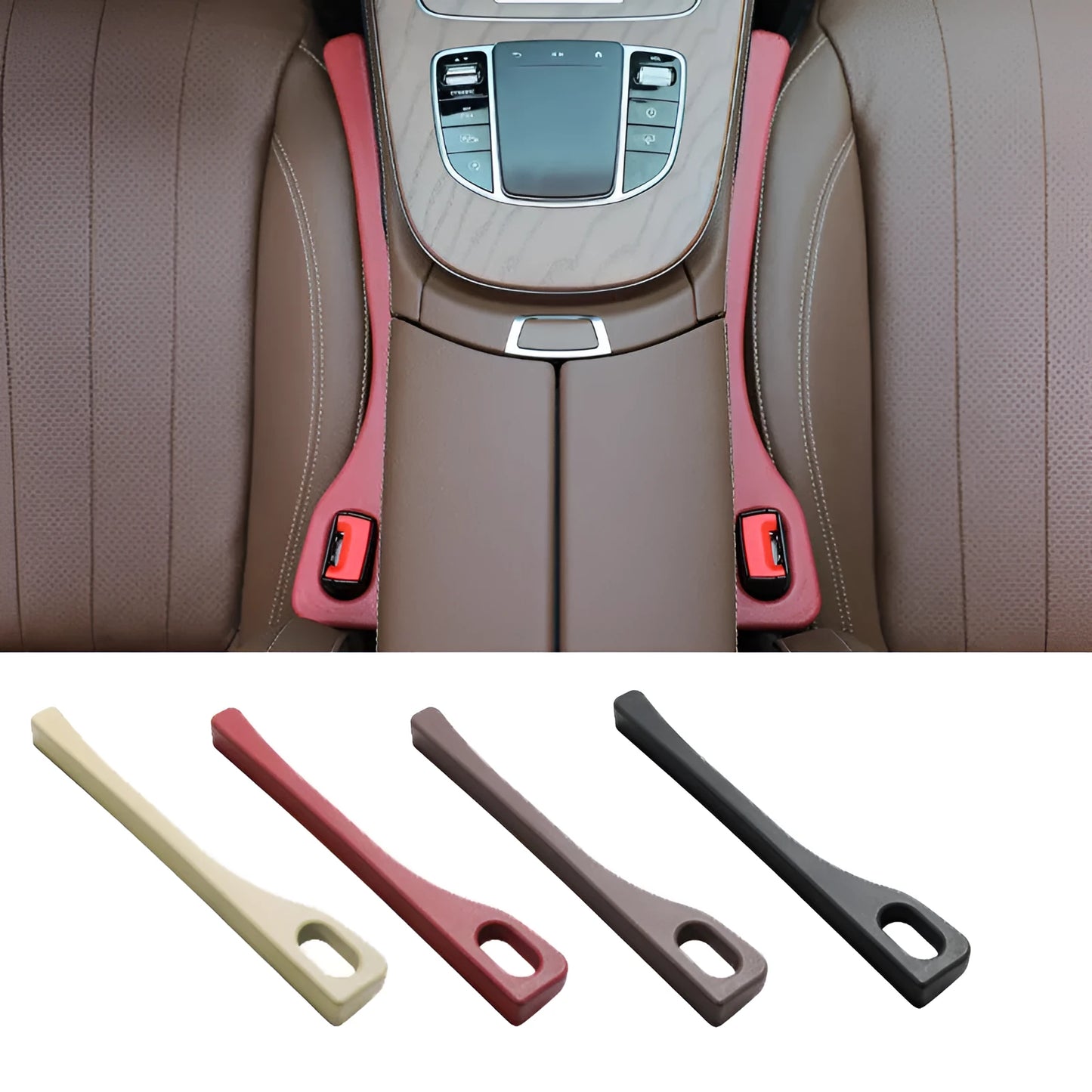 Polyurethane car seat gap filler strip in assorted colours on a car seat.
