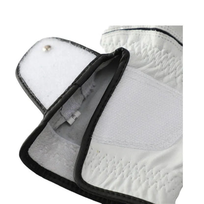 White half sheepskin golf glove showing non-slip grip surface