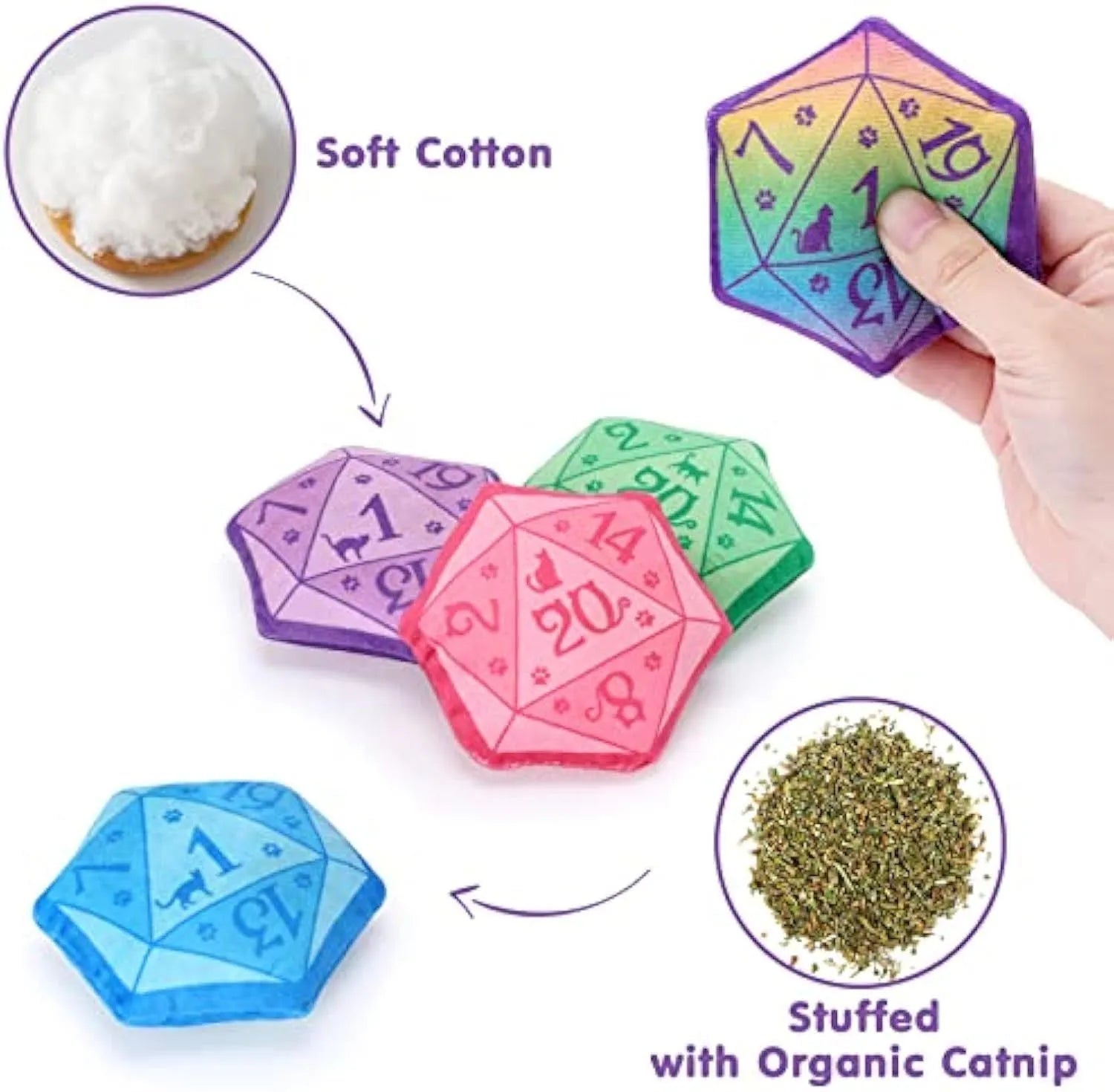 Plush dice-shaped cat toy with organic catnip filling in multiple colour options