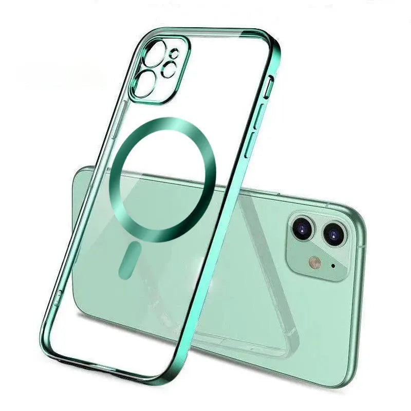 Electroplated magnetic suction back cover for iPhone case in multiple colours including black and blue.