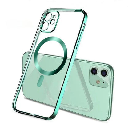 Electroplated magnetic suction back cover for iPhone case in multiple colours including black and blue.