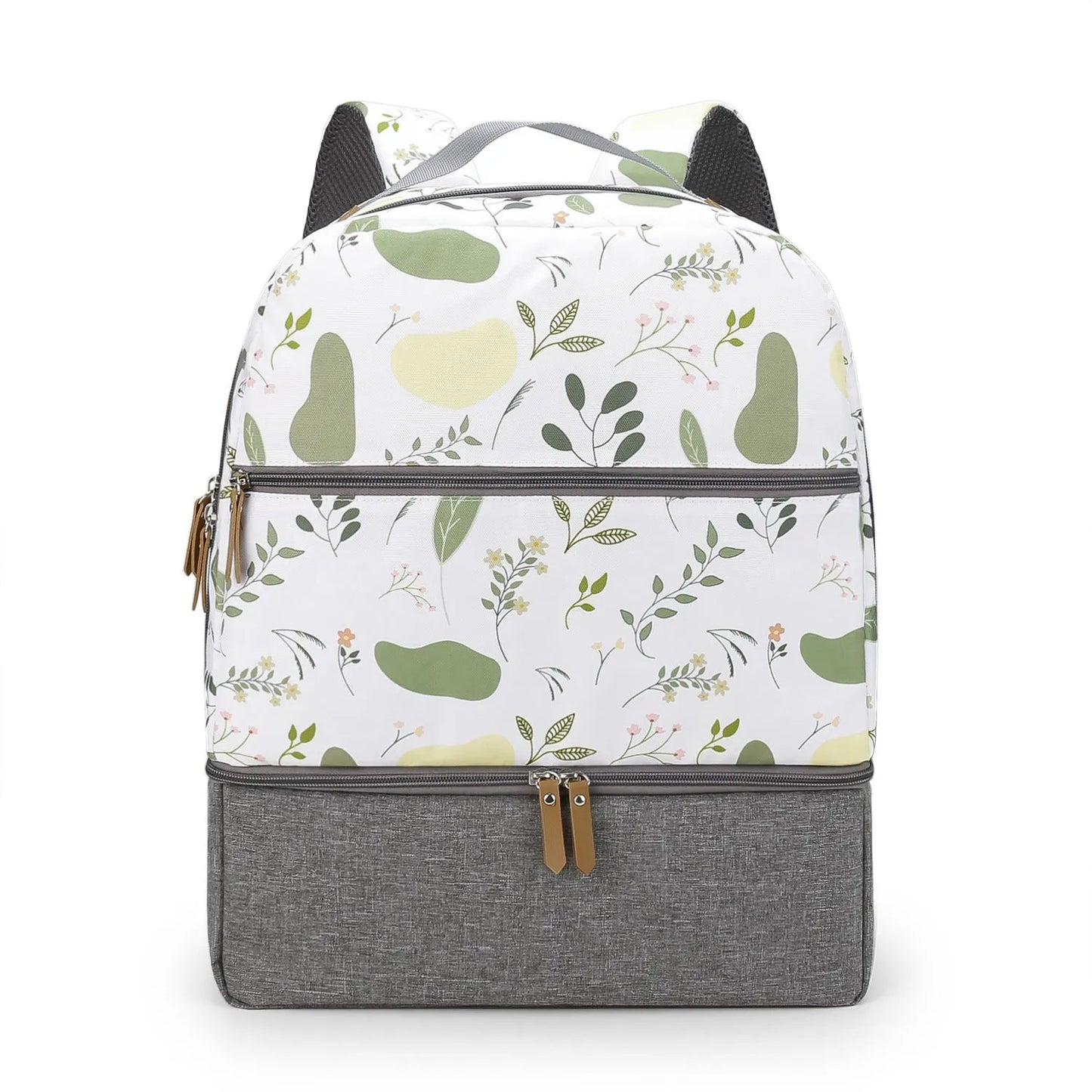 Grey insulated mother and child travel backpack with curved shoulder straps shown from the side