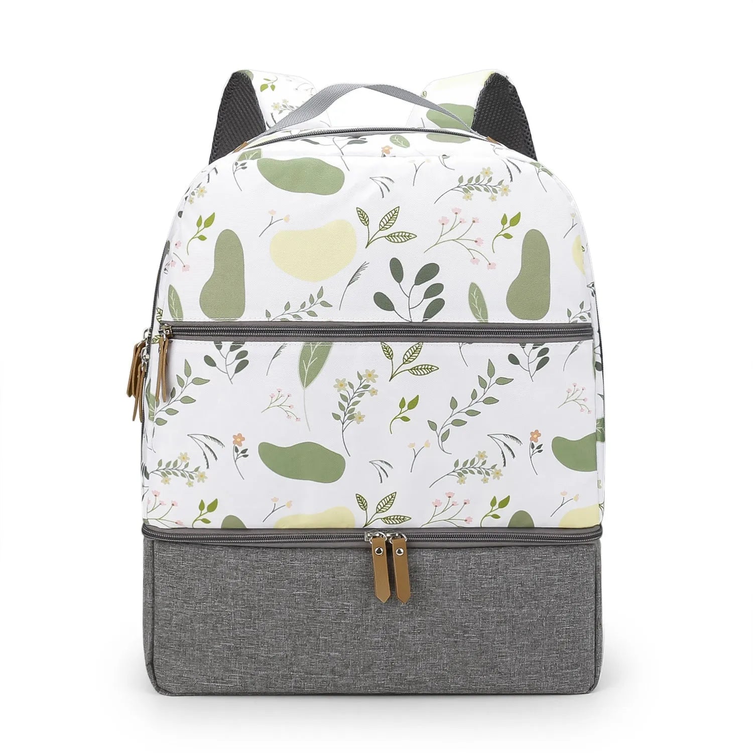 Grey insulated mother and child travel backpack with curved shoulder straps shown from the side