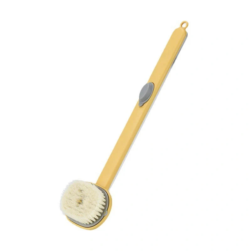 Dual-purpose shower brush with ergonomic handle and detachable head in yellow, grey, green, and pink