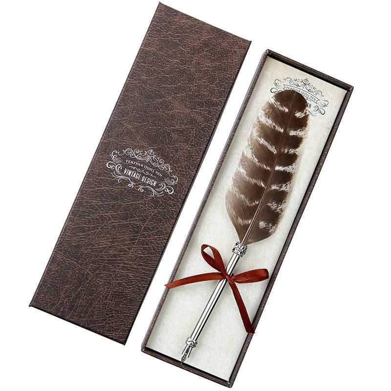 Elegant retro feather pen in a luxury gift box, featuring a sleek stainless steel casing and a stunning array of authentic feather designs.