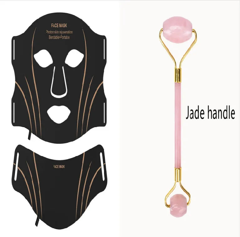 Black gold hard shell IPL and LED red light facial mask beauty device with headband.