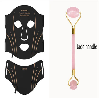 Black gold hard shell IPL and LED red light facial mask beauty device with headband.