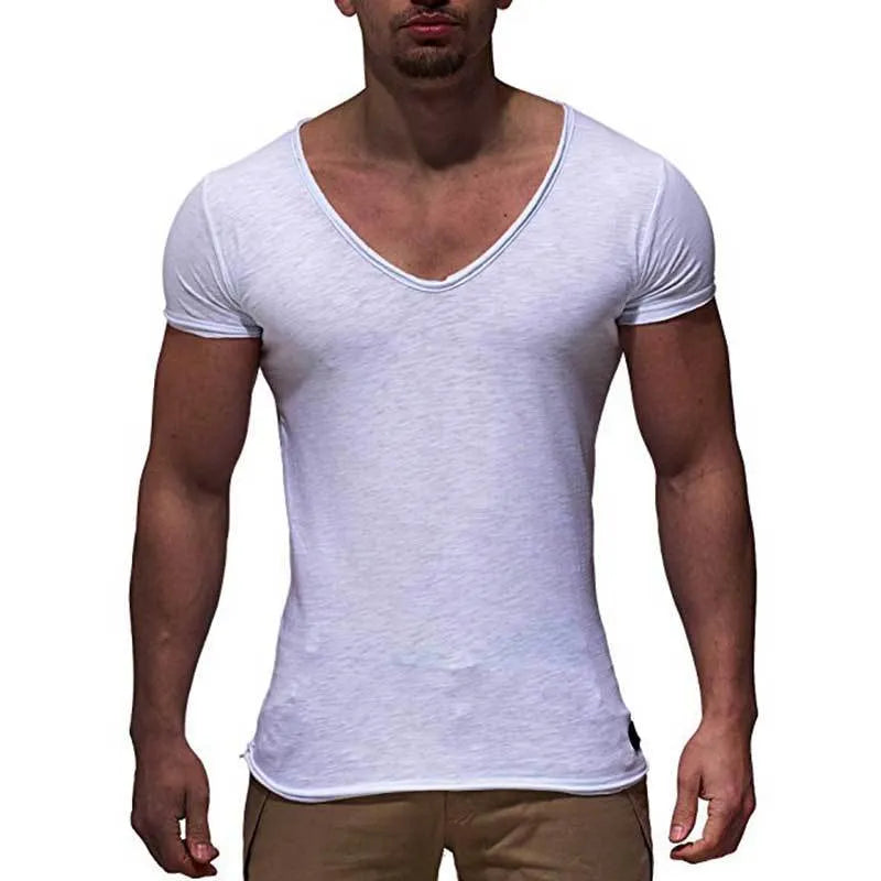 Men's V-neck short sleeve slim fit t-shirt in red, black, white, grey, navy blue, or lake blue, made from 90% modal.