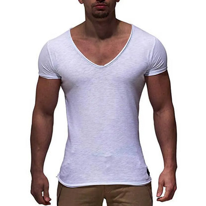 Men's V-neck short sleeve slim fit t-shirt in red, black, white, grey, navy blue, or lake blue, made from 90% modal.