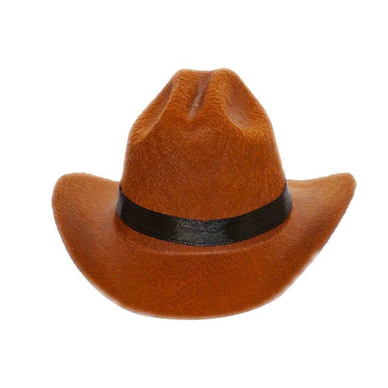British cowboy hat for a cat on a stand, showing brown non woven fabric with a black ribbon trim.