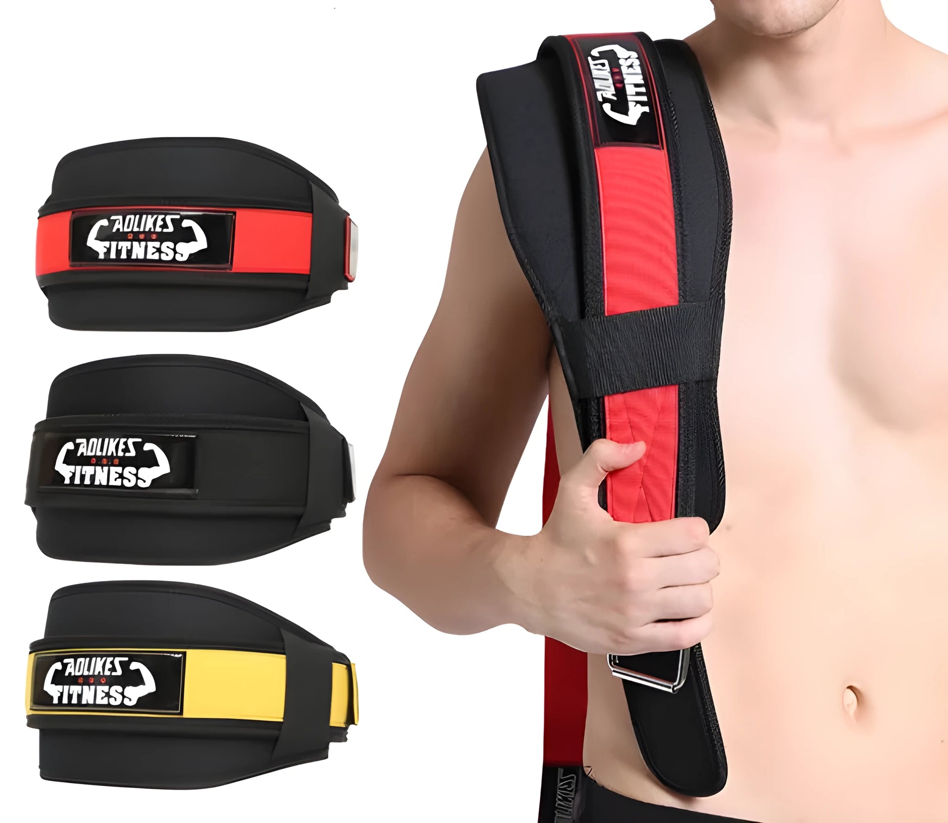 Black nylon fitness weightlifting waistband shown on a mannequin, with Red and Yellow colour options available.