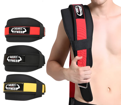 Black nylon fitness weightlifting waistband shown on a mannequin, with Red and Yellow colour options available.