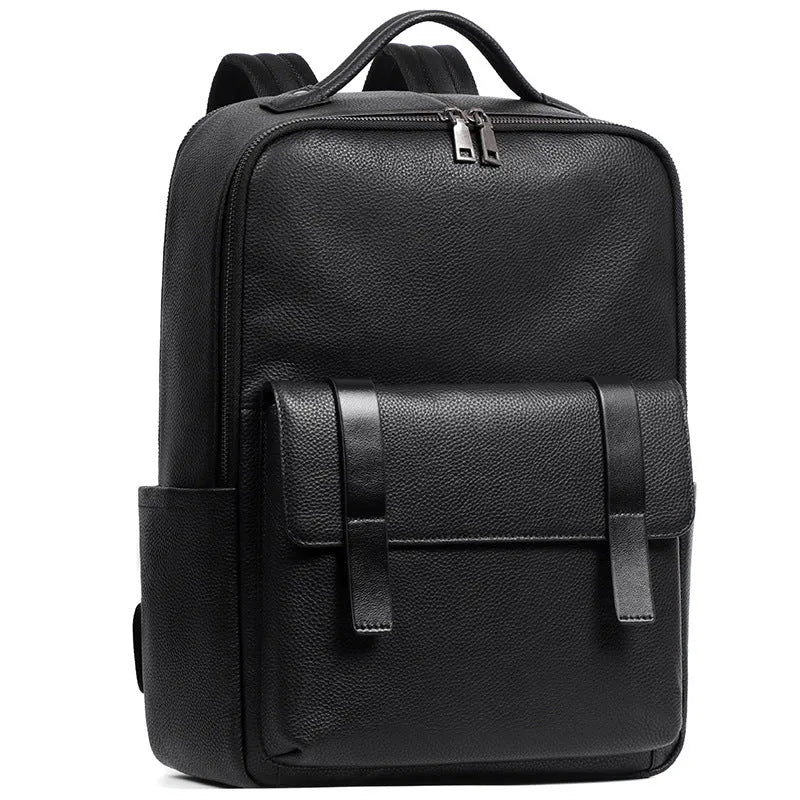 Men's large capacity leather computer backpack with curved back plate in black grain finish