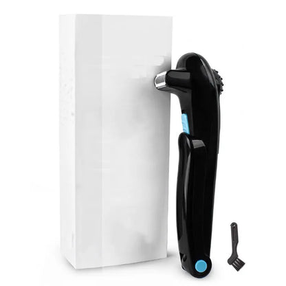 Black folding body electric shaver with battery compartment visible