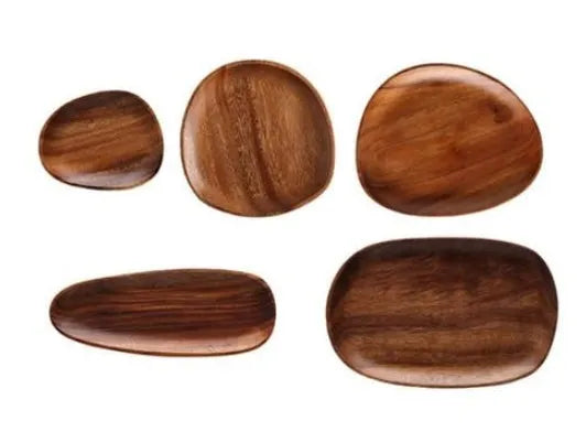 Natural acacia wood Japanese snack plate with hand-polished finish in non-standard rectangular size