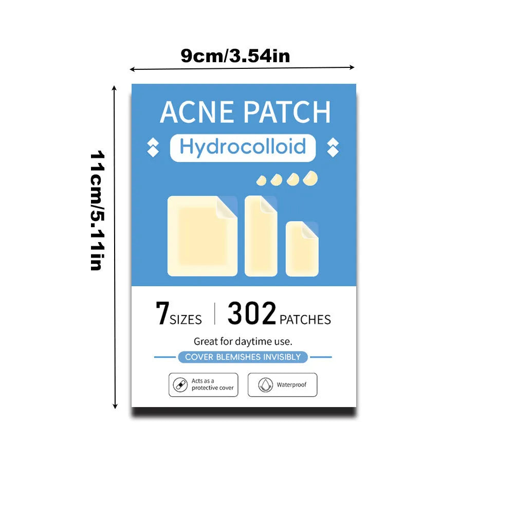 Box containing 302 transparent plastic acne cover patches for spot treatment.